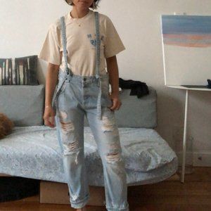 Hidden Jeans Ripped Tie Suspender Denim Overalls